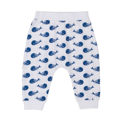 Calça Harem Bebê Baleia Azul — Algodão Orgânico